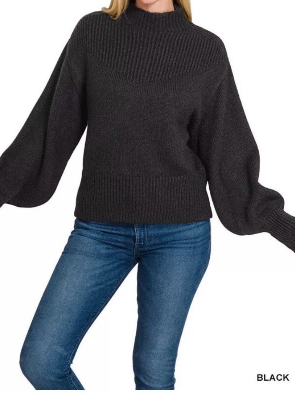 Zenana Balloon Sleeve Mock Neck Sweater - Black